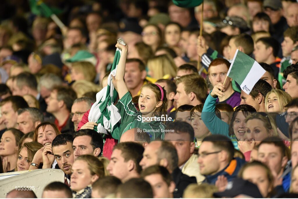 12 September 2015; Limerick supporters celebrate a point during the second half. Bord Gais Energy GAA Hurling All-Ireland U21 Championship Final, Limerick v Wexford, Semple Stadium, Thurles, Co. Tipperary. Picture credit: Diarmuid Greene / SPORTSFILE