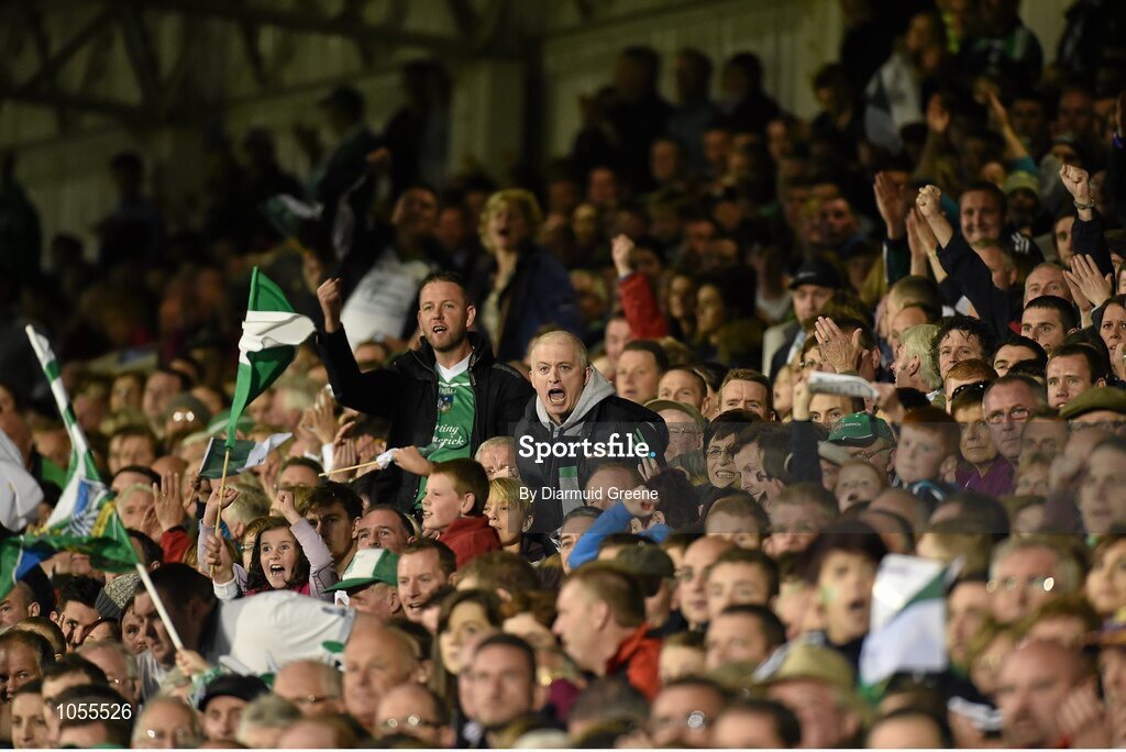 12 September 2015; Limerick supporters celebrate a point during the second half. Bord Gais Energy GAA Hurling All-Ireland U21 Championship Final, Limerick v Wexford, Semple Stadium, Thurles, Co. Tipperary. Picture credit: Diarmuid Greene / SPORTSFILE