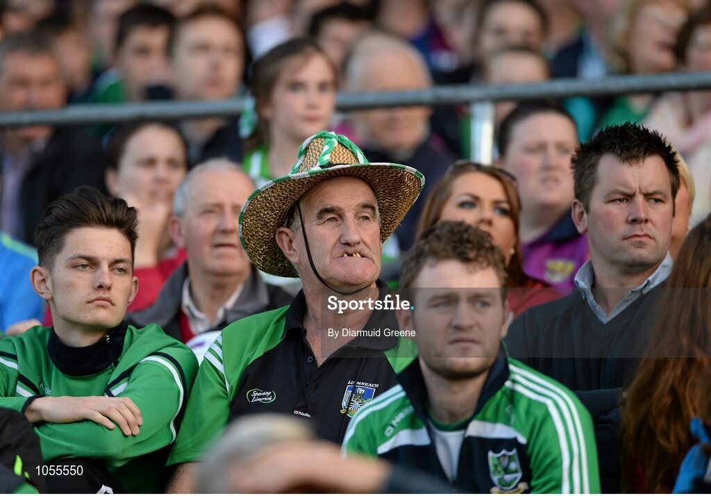 12 September 2015; Limerick supporters including Pat Doyle, from Garryspillane GAA club, Co. Limerick, look on during the game. Bord Gais Energy GAA Hurling All-Ireland U21 Championship Final, Limerick v Wexford, Semple Stadium, Thurles, Co. Tipperary. Picture credit: Diarmuid Greene / SPORTSFILE