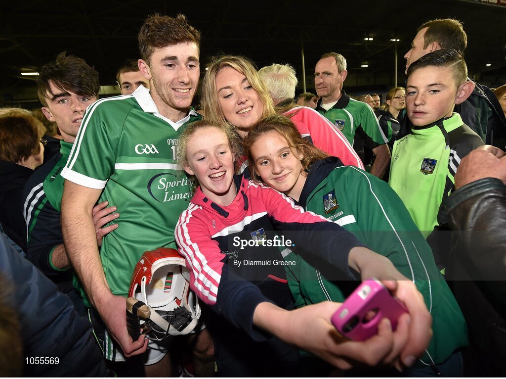 12 September 2015; Supporters take a selfie with Bord Gais Energy man of the match Barry Nash, Limerick, on the pitch after the game. Bord Gais Energy GAA Hurling All-Ireland U21 Championship Final, Limerick v Wexford, Semple Stadium, Thurles, Co. Tipperary. Picture credit: Diarmuid Greene / SPORTSFILE