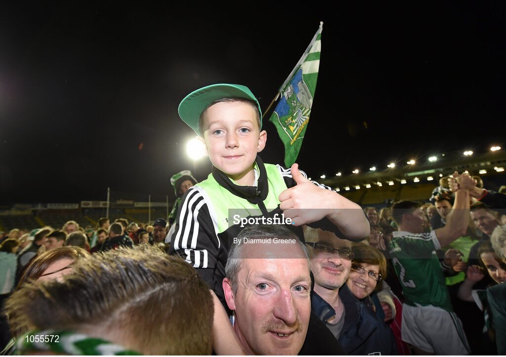 12 September 2015; Limerick supporters Scott Ryan Coleman, aged 9, along with his grandfather Mike Coleman, from Pallasgreen, Co. Limerick, after the game. Bord Gais Energy GAA Hurling All-Ireland U21 Championship Final, Limerick v Wexford, Semple Stadium, Thurles, Co. Tipperary. Picture credit: Diarmuid Greene / SPORTSFILE