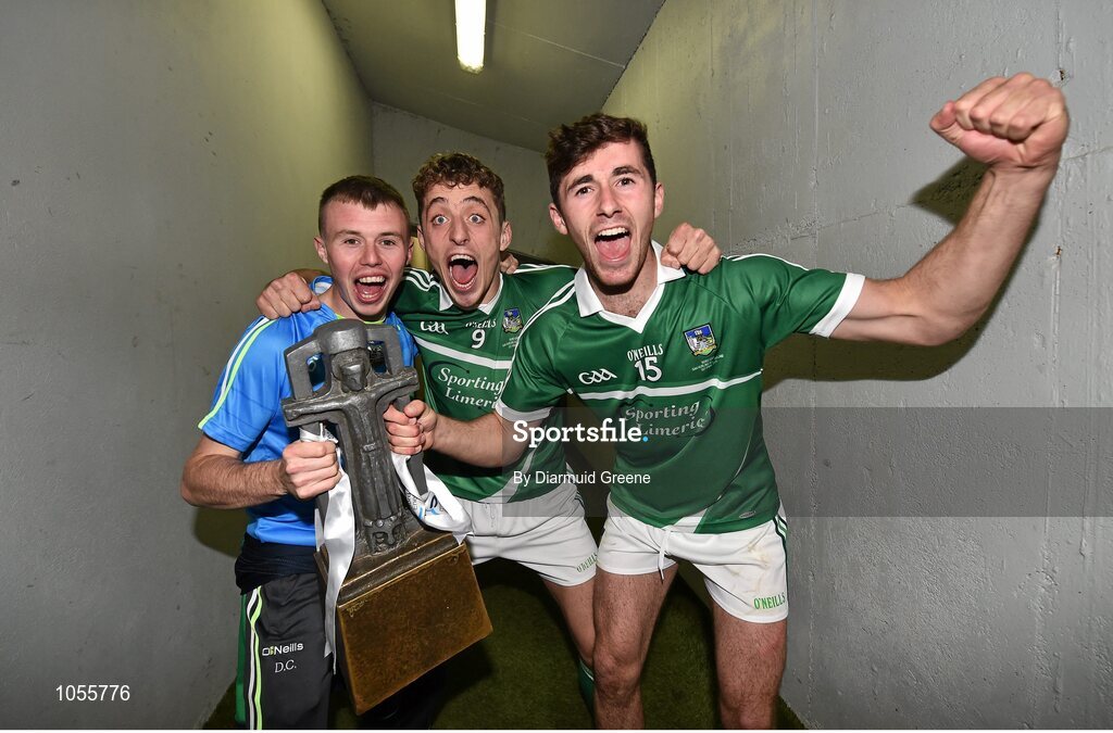 12 September 2015; Limerick's Dean Coleman, Pat Ryan, and Barry Nash celebrate with the Cross of Cashel trophy after victory over Wexford. Bord Gais Energy GAA Hurling All-Ireland U21 Championship Final, Limerick v Wexford, Semple Stadium, Thurles, Co. Tipperary. Picture credit: Diarmuid Greene / SPORTSFILE