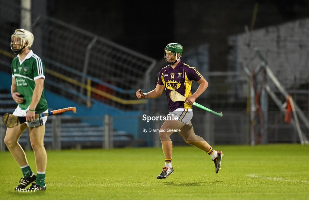12 September 2015; Conor McDonald, Wexford, right, cerlebrates after scoring his side's goal, alongside Cian Lynch, Limerick. Bord Gais Energy GAA Hurling All-Ireland U21 Championship Final, Limerick v Wexford, Semple Stadium, Thurles, Co. Tipperary. Picture credit: Diarmuid Greene / SPORTSFILE