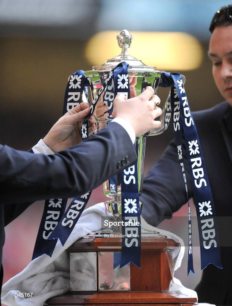21 March 2009; Officials put the finishing touches to the RBS Six Nations trophy on the pitch before the teams come out onto the pitch. RBS Six Nations Championship, Wales v Ireland, Millennium Stadium, Cardiff, Wales. Picture credit: Brendan Moran / SPORTSFILE
