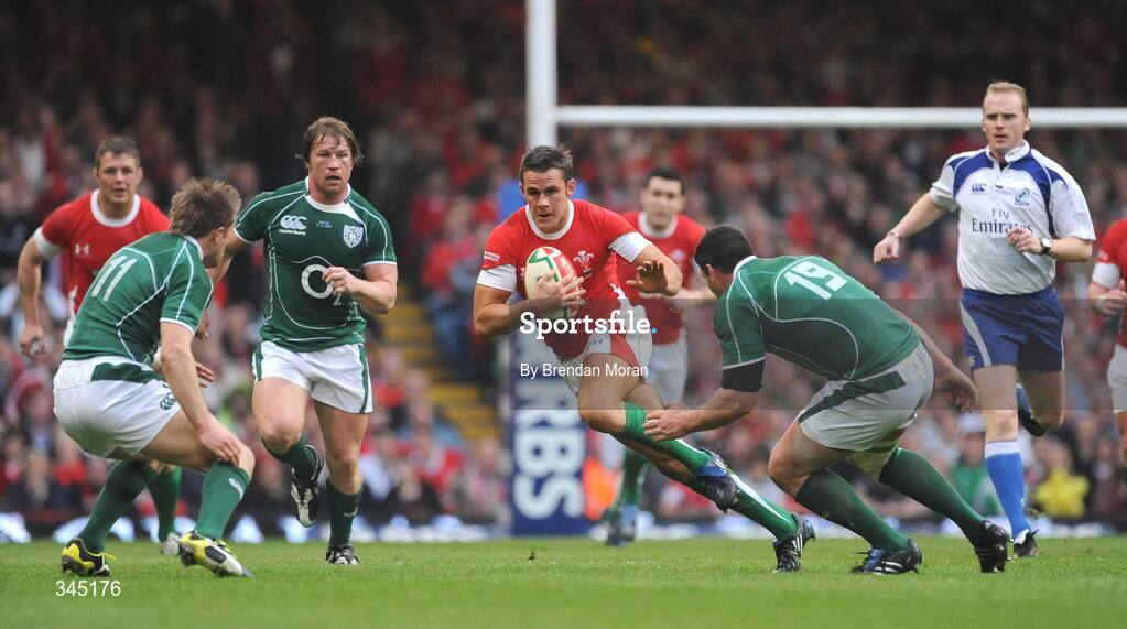 21 March 2009; Lee Byrne, Wales, in action against Luke Fitzgerald, left, and Denis Leamy, Ireland. RBS Six Nations Championship, Wales v Ireland, Millennium Stadium, Cardiff, Wales. Picture credit: Brendan Moran / SPORTSFILE