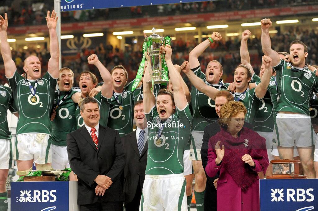 21 March 2009; Ireland captain Brian O'Driscoll celebrates with team-mates after lifting the RBS Six Nations trophy. RBS Six Nations Championship, Wales v Ireland, Millennium Stadium, Cardiff, Wales. Picture credit: Brendan Moran / SPORTSFILE