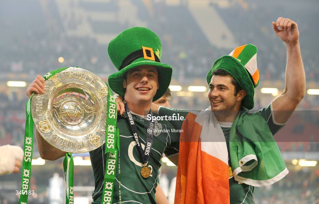 21 March 2009; Ireland's Tommy Bowe, left, and Rob Kearney celebrate with the Triple Crown trophy after the game. RBS Six Nations Championship, Wales v Ireland, Millennium Stadium, Cardiff, Wales. Picture credit: Brendan Moran / SPORTSFILE