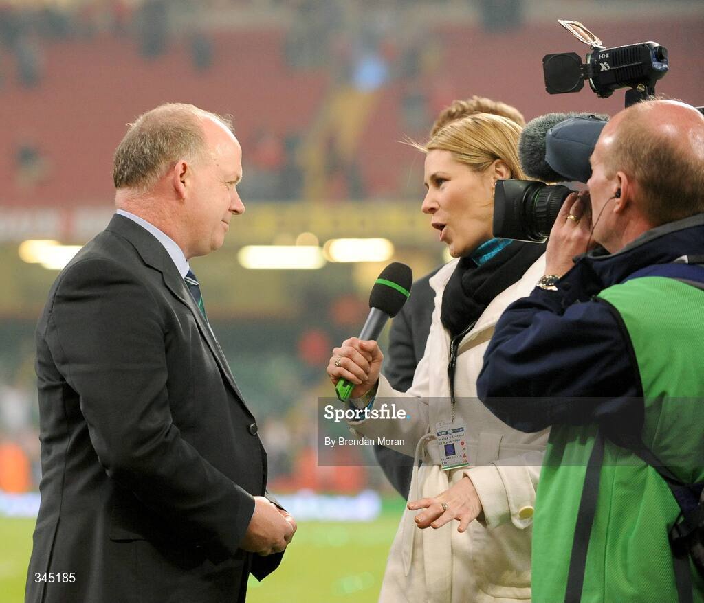 21 March 2009; Ireland head coach Declan Kidney is interviewed by Evanne Ni Chuilinn of RTE after the game. RBS Six Nations Championship, Wales v Ireland, Millennium Stadium, Cardiff, Wales. Picture credit: Brendan Moran / SPORTSFILE