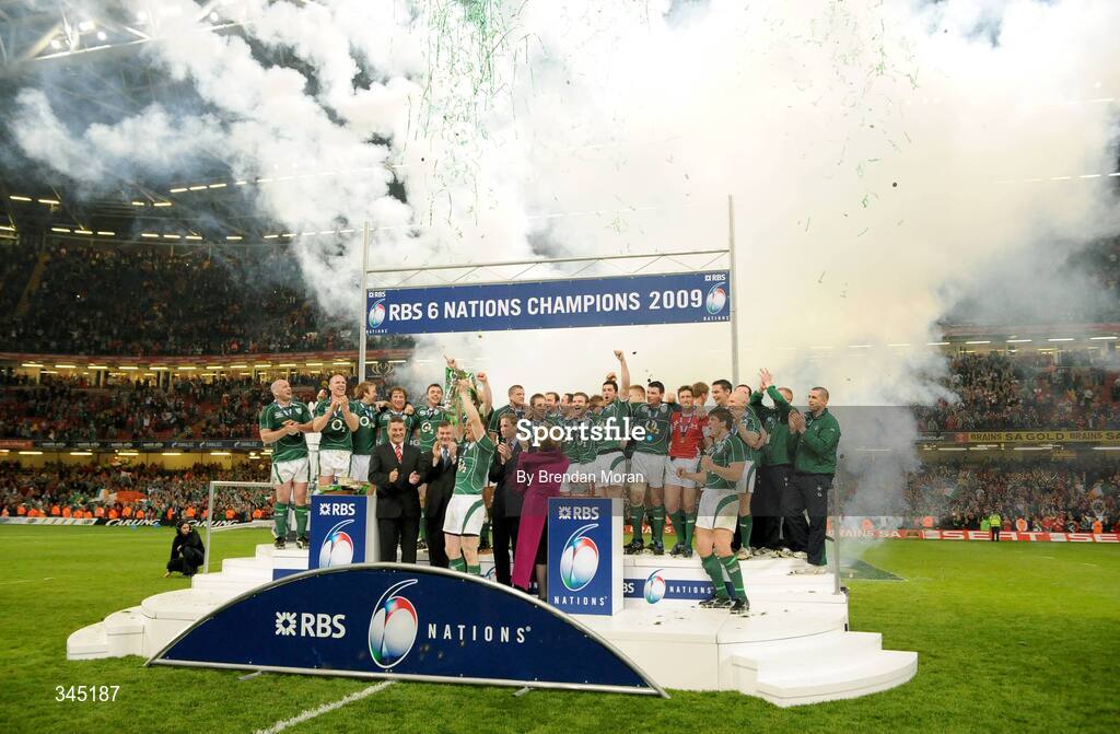 21 March 2009; The Ireland team celebrate with the Triple Crown trophy and the RBS Six Nations trophy after the game. RBS Six Nations Championship, Wales v Ireland, Millennium Stadium, Cardiff, Wales. Picture credit: Brendan Moran / SPORTSFILE