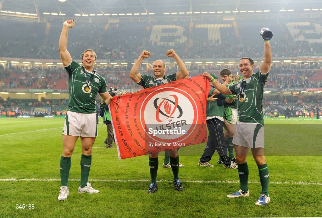 21 March 2009; Ireland's Stephen Ferris, left, Rory Best and Paddy Wallace celebrate after the game. RBS Six Nations Championship, Wales v Ireland, Millennium Stadium, Cardiff, Wales. Picture credit: Brendan Moran / SPORTSFILE