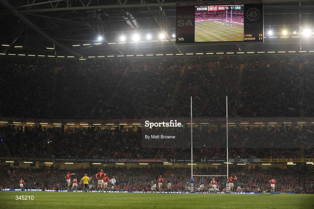 21 March 2009; Irish and Welsh players and supporters look on as Welsh out-half Stephen Jones' last minute penalty drops short resulting in Ireland winning the game 17-15 and with that the Triple Crown, Grand Slam and Six Nations Championship. RBS Six Nations Championship, Wales v Ireland, Millennium Stadium, Cardiff, Wales. Picture credit: Matt Browne / SPORTSFILE