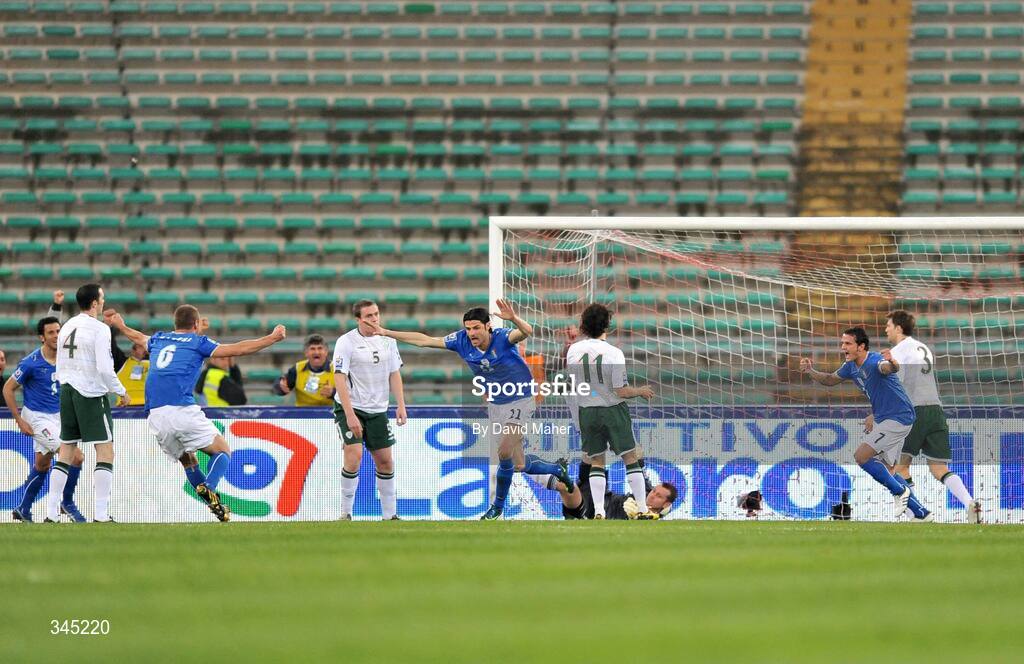 1 April 2009;  Vincenzo Iaquinta, centre, Italy, celebrates after scoring his side's first goal, as Republic of Ireland players look on. 2010 FIFA World Cup Qualifier, Italy v Republic of Ireland, San Nicola Stadium, Bari, Italy. Picture credit: David Maher / SPORTSFILE