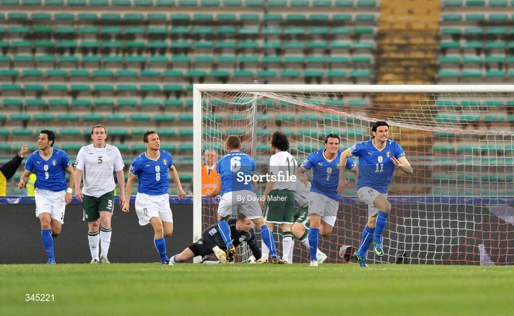 1 April 2009; Vincenzo Iaquinta, no.11, Italy, celebrates after scoring his side's first goal, as  Republic of Ireland players look on. 2010 FIFA World Cup Qualifier, Italy v Republic of Ireland, San Nicola Stadium, Bari, Italy. Picture credit: David Maher / SPORTSFILE