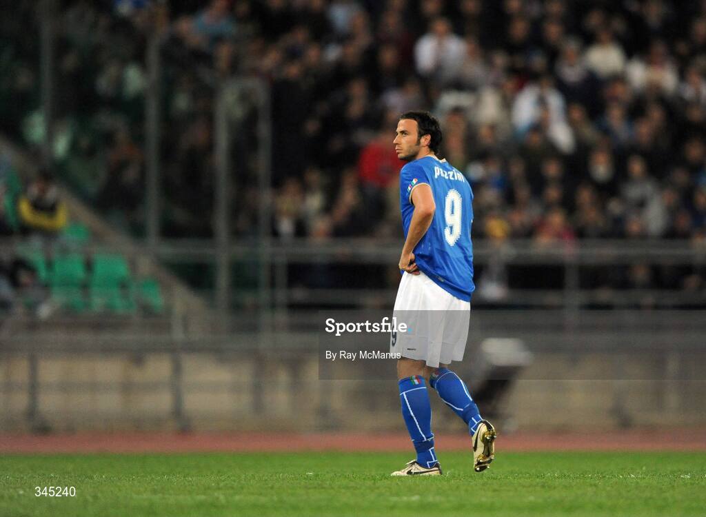 1 April 2009; Italy's Giampaolo Pazzini leaves the field after being sent off after a clash with Republic of Ireland's John O'Shea. 2010 FIFA World Cup Qualifier, Italy v Republic of Ireland, San Nicola Stadium, Bari, Italy. Picture credit: Ray McManus / SPORTSFILE