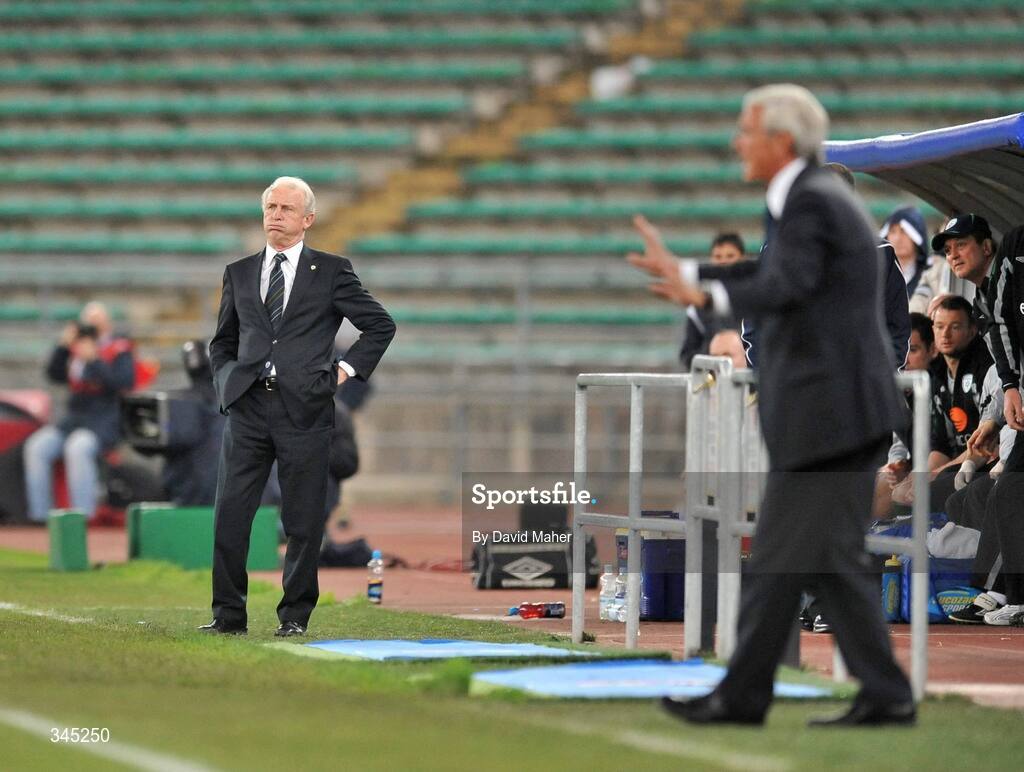 1 April 2009; Republic of Ireland manager Giovanni Trapattoni with Italy coach Marcello Lippi, right, during the game. 2010 FIFA World Cup Qualifier, Italy v Republic of Ireland, San Nicola Stadium, Bari, Italy. Picture credit: David Maher / SPORTSFILE