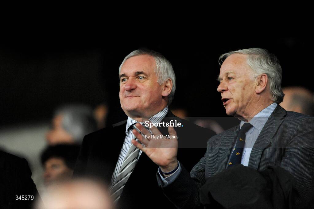 1 April 2009; Former Taoiseach Bertie Ahern TD in conversation with former FAI President Louis Kilcoyne before the game. 2010 FIFA World Cup Qualifier, Italy v Republic of Ireland, San Nicola Stadium, Bari, Italy. Picture credit: Ray McManus / SPORTSFILE