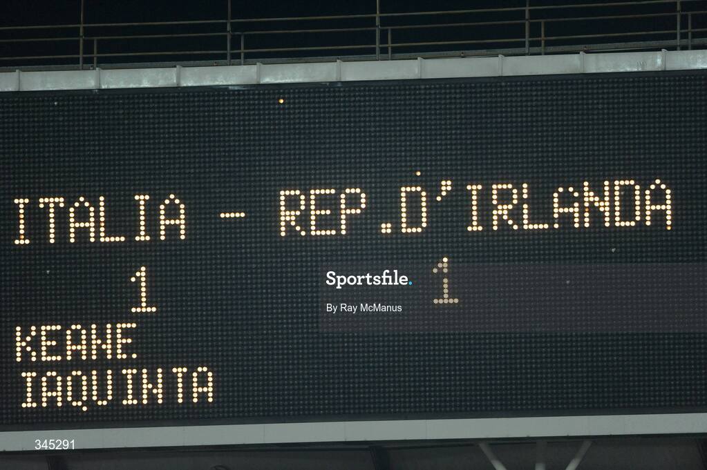 1 April 2009; The scoreboard at the end of the game showing Italy 1 - Republic of Ireland 1. 2010 FIFA World Cup Qualifier, Italy v Republic of Ireland, San Nicola Stadium, Bari, Italy. Picture credit: Ray McManus / SPORTSFILE