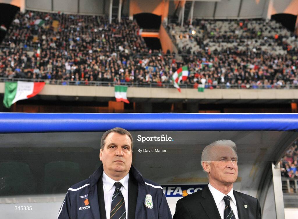 1 April 2009; Republic of Ireland manager Giovanni Trapattoni, right, and assistant manager Marco Tardelli stand for the National Anthem of Italy before the start of the game. 2010 FIFA World Cup Qualifier, Italy v Republic of Ireland, San Nicola Stadium, Bari, Italy. Picture credit: David Maher / SPORTSFILE