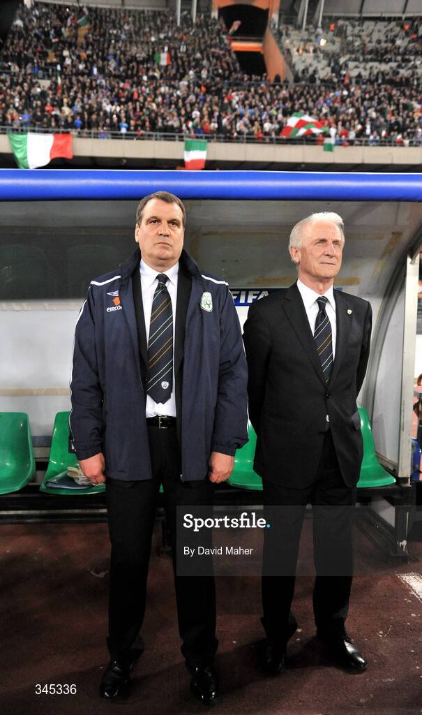 1 April 2009; Republic of Ireland manager Giovanni Trapattoni, right, and assistant manager Marco Tardelli stand for the National Anthem of Italy before the start of the game. 2010 FIFA World Cup Qualifier, Italy v Republic of Ireland, San Nicola Stadium, Bari, Italy. Picture credit: David Maher / SPORTSFILE
