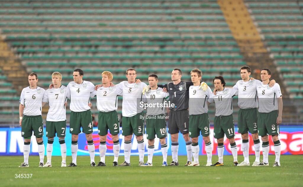 1 April 2009; Republic of Ireland players stand together during a minutes silence before the start of the game. 2010 FIFA World Cup Qualifier, Italy v Republic of Ireland, San Nicola Stadium, Bari, Italy. Picture credit: David Maher / SPORTSFILE