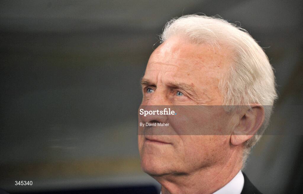 1 April 2009; Republic of Ireland manager Giovanni Trapattoni stands for the National Anthem before the start of the game. 2010 FIFA World Cup Qualifier, Italy v Republic of Ireland, San Nicola Stadium, Bari, Italy. Picture credit: David Maher / SPORTSFILE