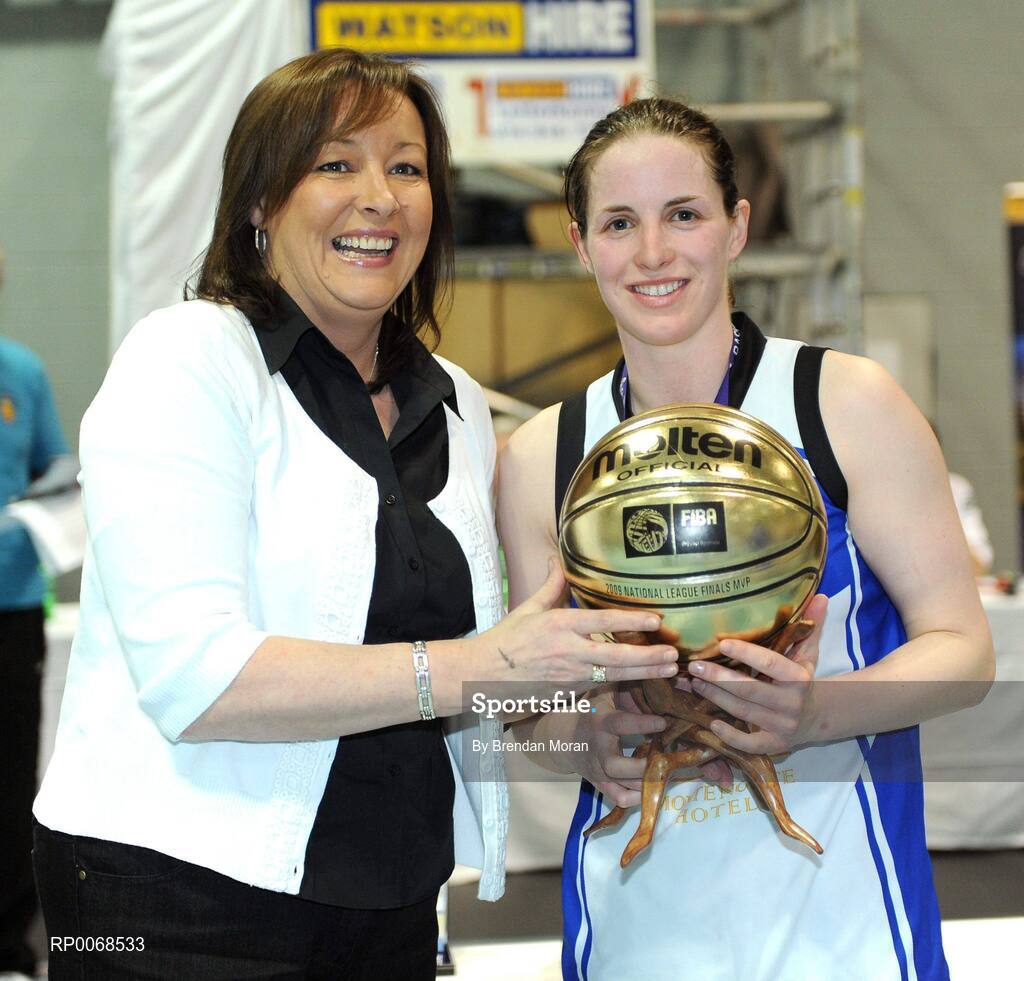 28 March 2009; Niamh Dwyer, Team Montenotte Hotel, Cork, is presented with the MVP by Debbie Massey, Chief Executive, Basketball Ireland. Basketball Ireland’s Women’s Superleague Final, DCU Mercy v Team Montenotte Hotel Cork, Aura Complex, Letterkenny, Co. Donegal. Picture credit: Brendan Moran / SPORTSFILE