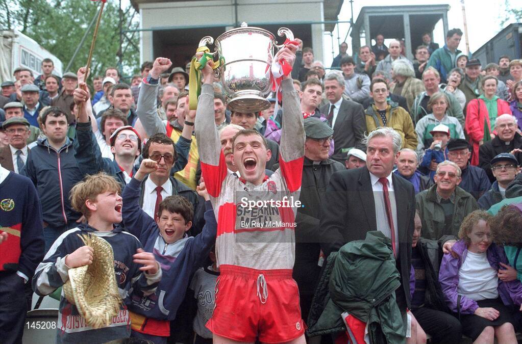 18 July 1993; Derry captain Henry Downey lifts the cup after the Ulster Senior Football Championship Final match between Derry and Donegal at St. Tighearnach's Park, Clones, Monaghan. Photo by Ray McManus/Sportsfile