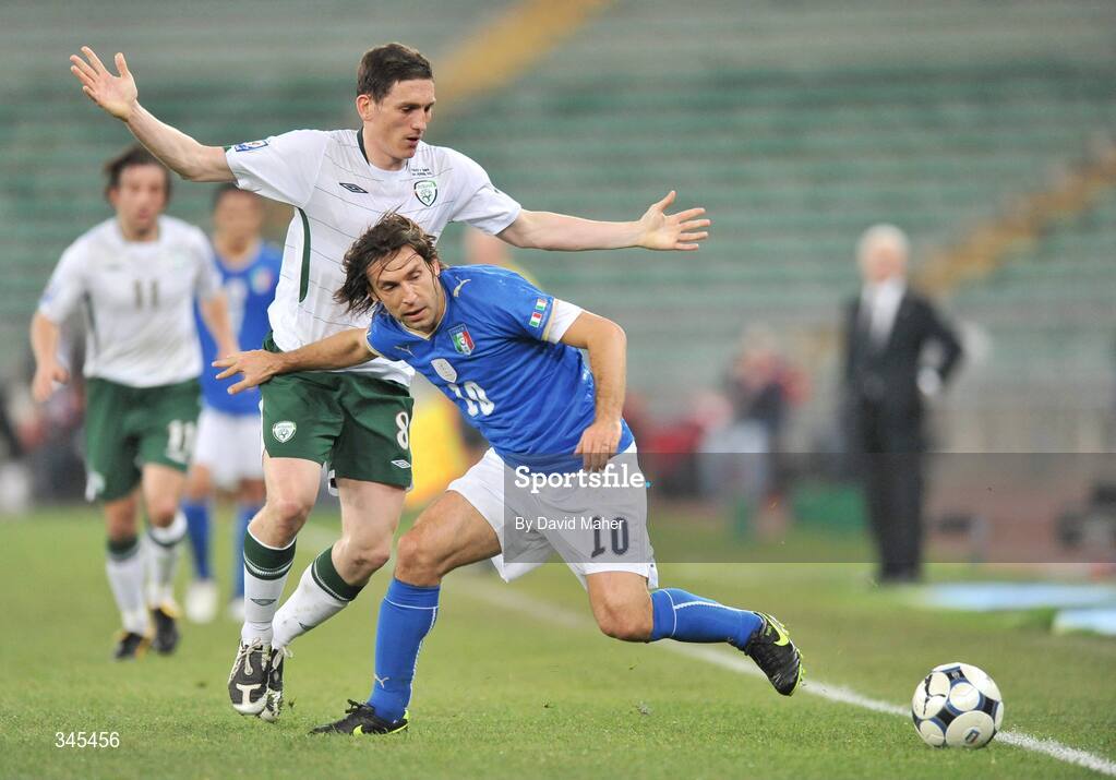 1 April 2009; Andrea Pirlo, Italy, in action against Keith Andrews, Republic of Ireland. 2010 FIFA World Cup Qualifier, Italy v Republic of Ireland, San Nicola Stadium, Bari, Italy. Picture credit: David Maher / SPORTSFILE