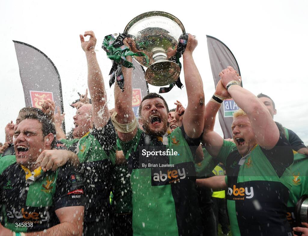 5 April 2009; Ballinahinch captain Stuart Lamb lifts the cup with team-mates after the match. AIB Cup Final, Cork Constitution v Ballinahinch, Dubarry Park, Athlone, Co. Westmeath. Picture credit: Brian Lawless / SPORTSFILE