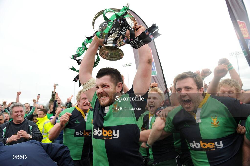 5 April 2009; Ballinahinch captain Stuart Lamb lifts the cup with team-mates after the match. AIB Cup Final, Cork Constitution v Ballinahinch, Dubarry Park, Athlone, Co. Westmeath. Picture credit: Brian Lawless / SPORTSFILE