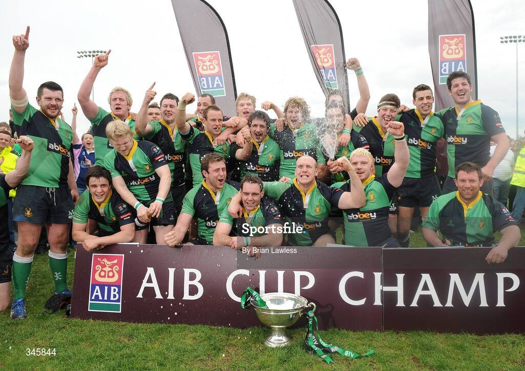 5 April 2009; The Ballinahinch team celebrate with the cup. AIB Cup Final, Cork Constitution v Ballinahinch, Dubarry Park, Athlone, Co. Westmeath. Picture credit: Brian Lawless / SPORTSFILE