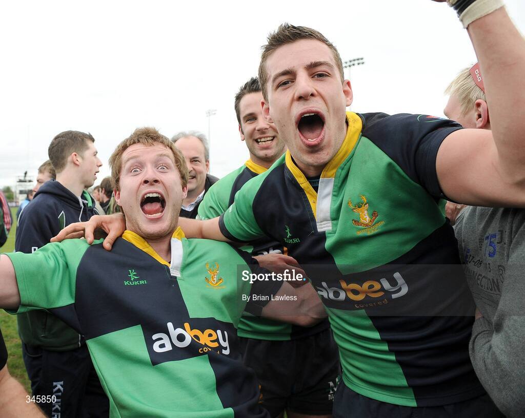 5 April 2009; Ballinahinch players Kyle Corrigan, left, and Stuart Morrow celebrate after the match. AIB Cup Final, Cork Constitution v Ballinahinch, Dubarry Park, Athlone, Co. Westmeath. Picture credit: Brian Lawless / SPORTSFILE