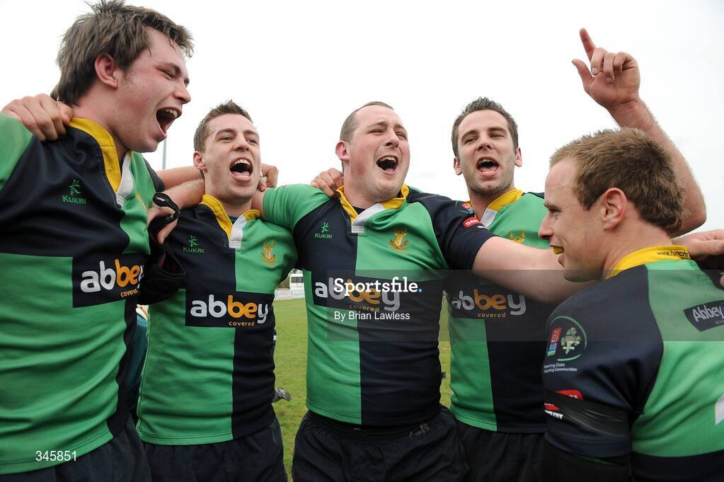 5 April 2009; Ballinahinch players celebrate after the final whistle. AIB Cup Final, Cork Constitution v Ballinahinch, Dubarry Park, Athlone, Co. Westmeath. Picture credit: Brian Lawless / SPORTSFILE
