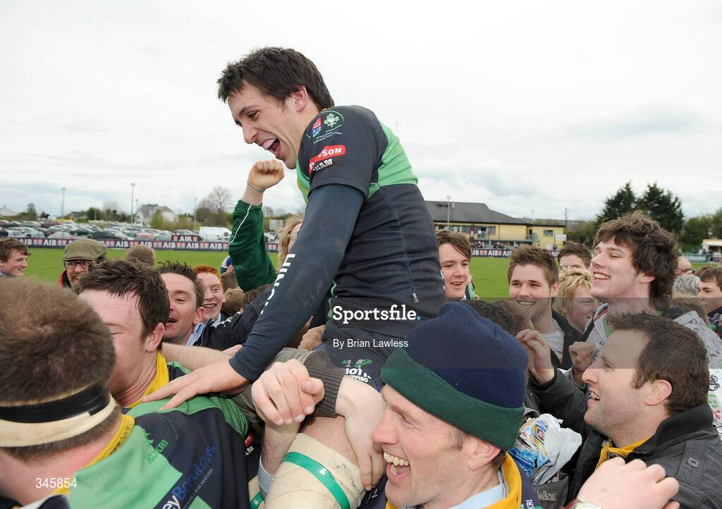 5 April 2009; Ballinahinch's David Harris is held aloft after the match. AIB Cup Final, Cork Constitution v Ballinahinch, Dubarry Park, Athlone, Co. Westmeath. Picture credit: Brian Lawless / SPORTSFILE
