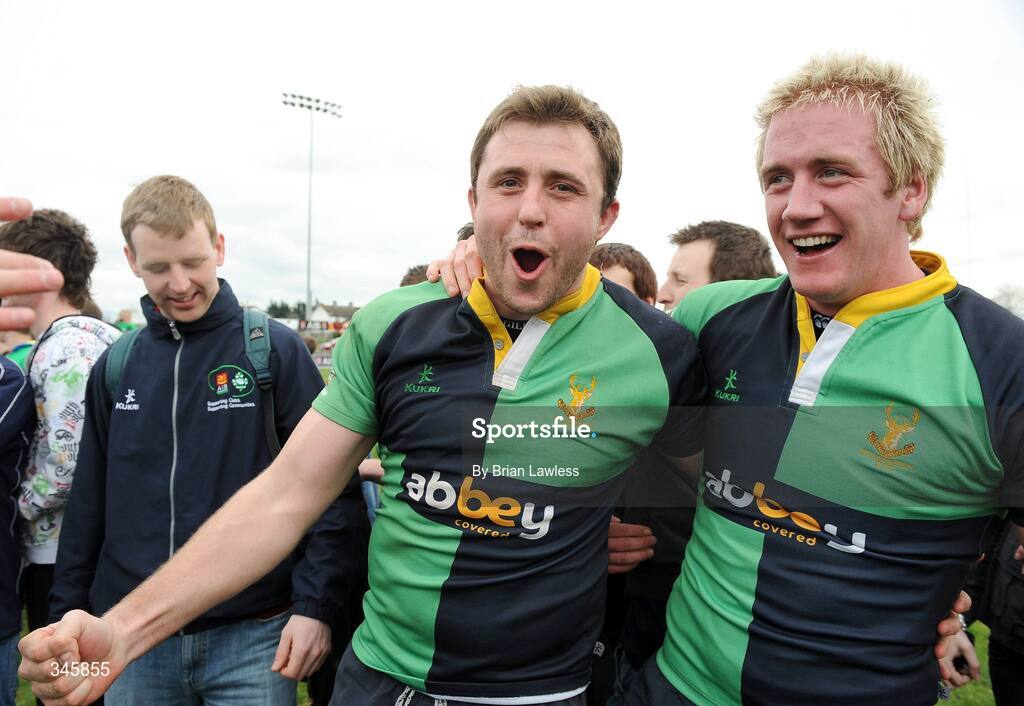 5 April 2009; Ballinahinch's Michael Graham, left, celebrates with team-mate Robert Greer after the match. AIB Cup Final, Cork Constitution v Ballinahinch, Dubarry Park, Athlone, Co. Westmeath. Picture credit: Brian Lawless / SPORTSFILE