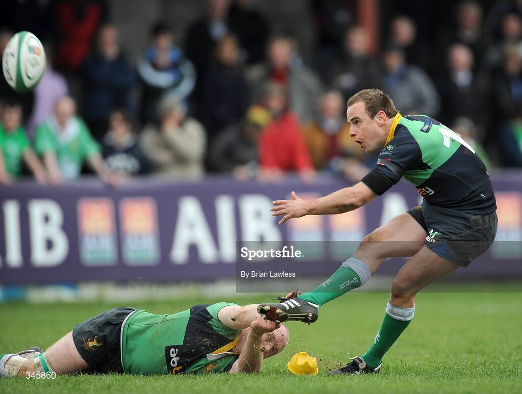 5 April 2009; Ballinahinch's Ryan Bambry kicks a penalty with the assistance of team-mate Chris Stevenson. AIB Cup Final, Cork Constitution v Ballinahinch, Dubarry Park, Athlone, Co. Westmeath. Picture credit: Brian Lawless / SPORTSFILE