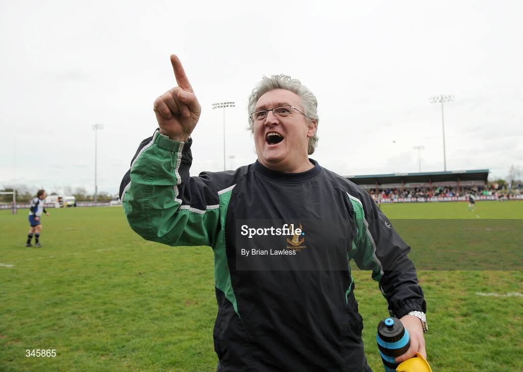 5 April 2009; Ballinahinch team manager Dale Elliott celebrates at the final whistle. AIB Cup Final, Cork Constitution v Ballinahinch, Dubarry Park, Athlone, Co. Westmeath. Picture credit: Brian Lawless / SPORTSFILE