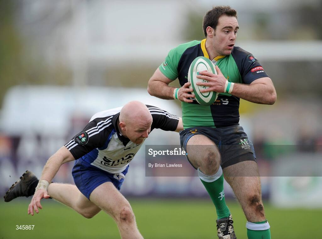 5 April 2009; Jonny Cullen, Ballinahinch, in action against Cronan Healy, Cork Constitution. AIB Cup Final, Cork Constitution v Ballinahinch, Dubarry Park, Athlone, Co. Westmeath. Picture credit: Brian Lawless / SPORTSFILE