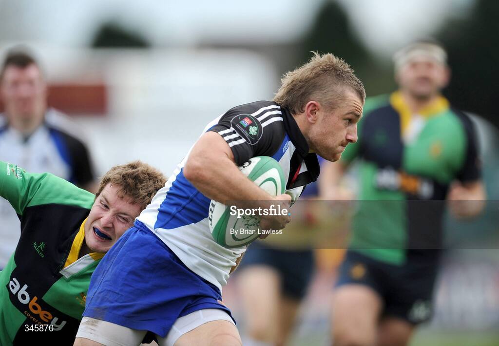 5 April 2009; Jeremy Manning, Cork Constitution, in action against Kyle Corrigan, Ballinahinch. AIB Cup Final, Cork Constitution v Ballinahinch, Dubarry Park, Athlone, Co. Westmeath. Picture credit: Brian Lawless / SPORTSFILE
