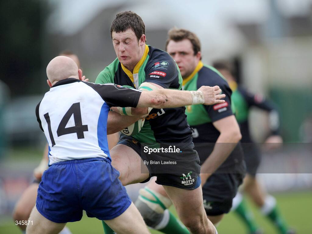 5 April 2009; Willie Faloon, Ballinahinch, in action against Cronan Healy, Cork Constitution. AIB Cup Final, Cork Constitution v Ballinahinch, Dubarry Park, Athlone, Co. Westmeath. Picture credit: Brian Lawless / SPORTSFILE