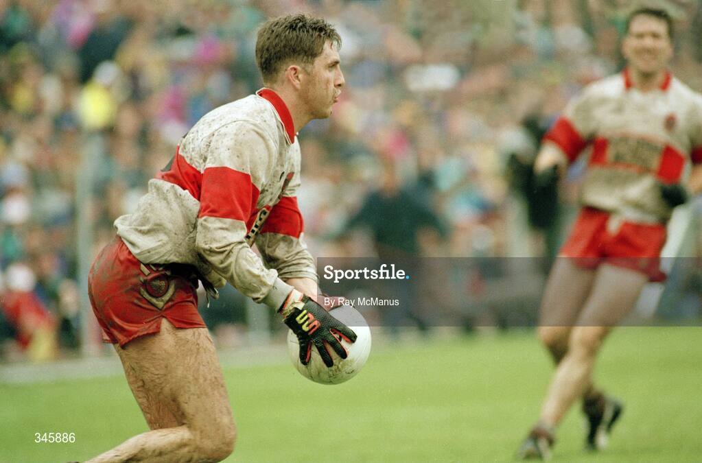 18 July 1993; Damien Cassidy of Derry in action during the Ulster Senior Football Championship Final match between Derry and Donegal at St. Tighearnach's Park, Clones, Monaghan. Photo by Ray McManus/Sportsfile