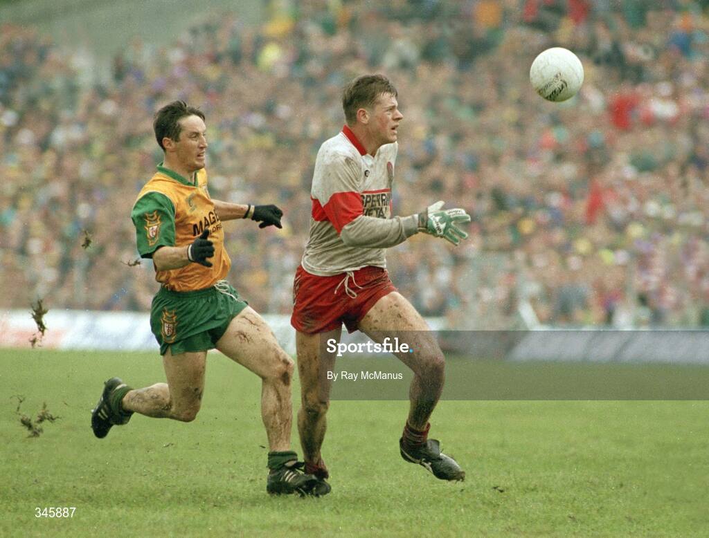 18 July 1993; Anthony Tohill of Derry in action against Joyce McMullan of Donegal during the Ulster Senior Football Championship Final match between Derry and Donegal at St. Tighearnach's Park, Clones, Monaghan. Photo by Ray McManus/Sportsfile