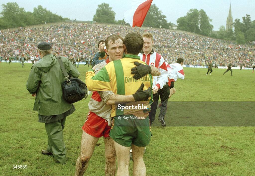 18 July 1993; John McGurk of Derry and James McHugh of Donegal after the final whistle at the Ulster Senior Football Championship Final match between Derry and Donegal at St. Tighearnach's Park, Clones, Monaghan. Photo by Ray McManus/Sportsfile