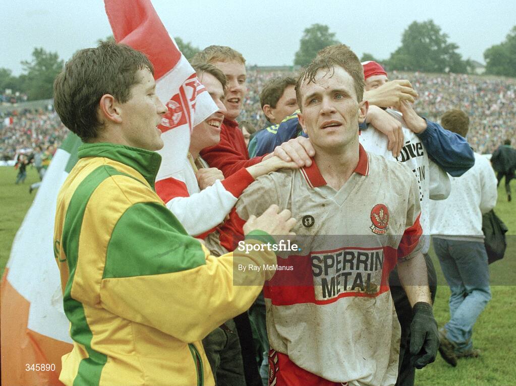 18 July 1993; James McHugh of Donegal, left, and John McGurk of Derry shake hands after the final whistle at the Ulster Senior Football Championship Final match between Derry and Donegal at St. Tighearnach's Park, Clones, Monaghan. Photo by Ray McManus/Sportsfile