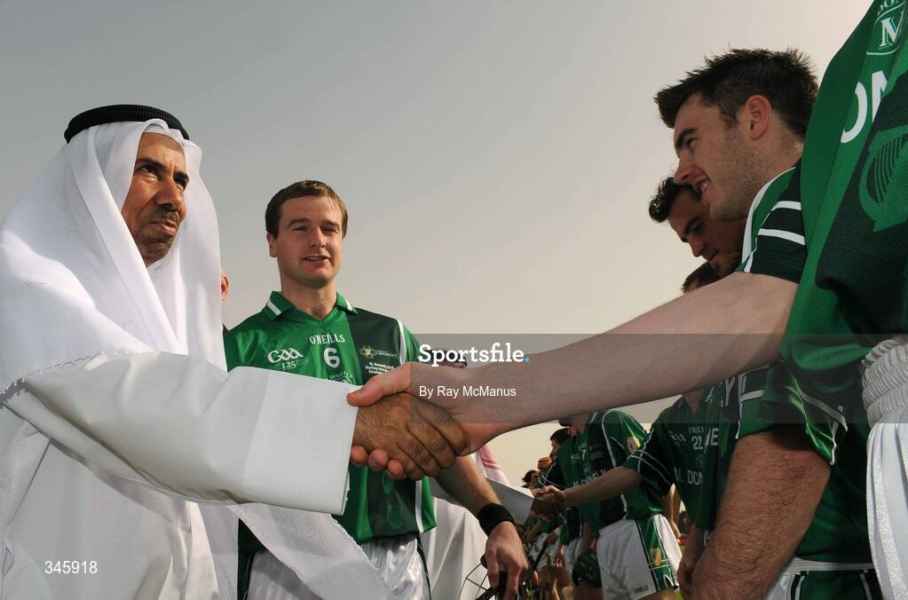 14 March 2009; His Excellency Saeed Bin Hofan Al Mansouri is introduced to the Leinster players by captain J.J. Delaney before the game. M Donnelly Interprovincial Hurling Final presented by Etihad Airways, Leinster v Connacht, Ghantoot Racing and Polo Club, Abu Dhabi, United Arab Emirates. Picture credit: Ray McManus / SPORTSFILE
