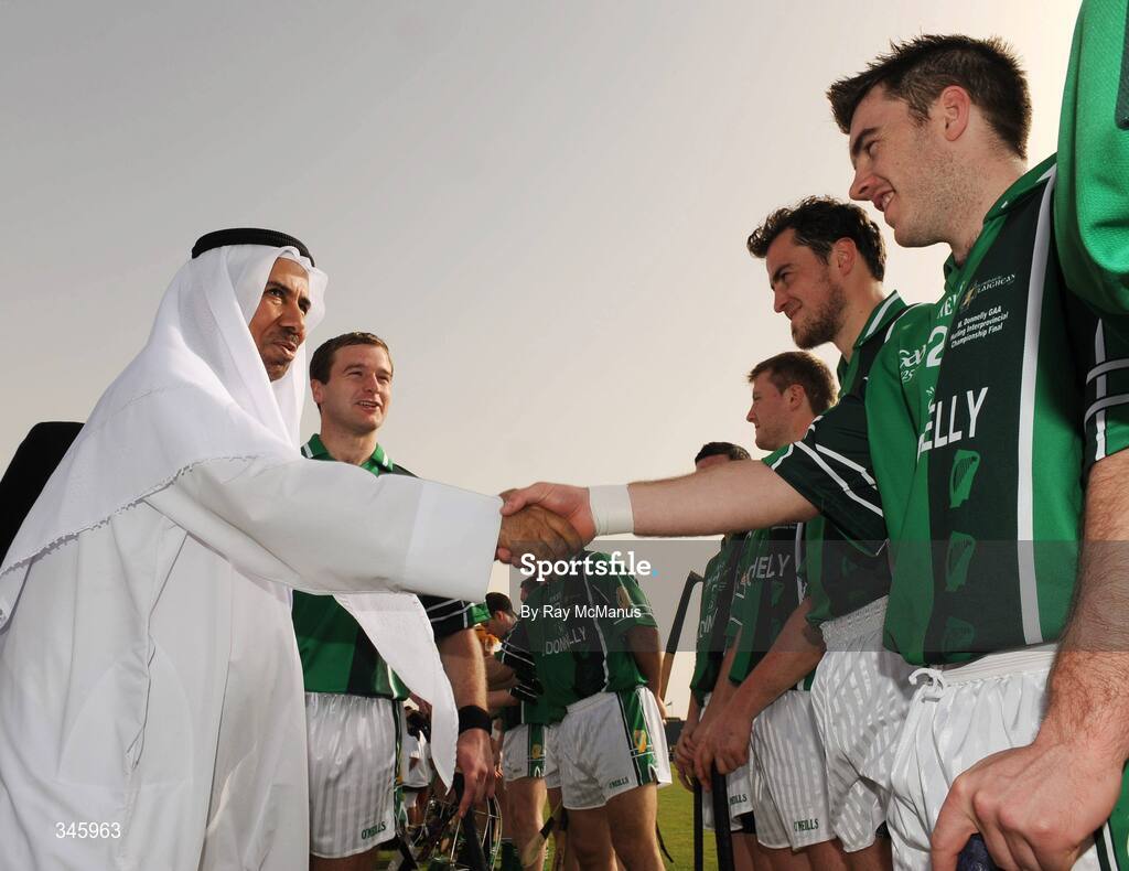 14 March 2009; His Excellency Saeed Bin Hofan Al Mansouri is introduced to Michael Rice, Leinster, by captain J.J. Delaney before the game. M Donnelly Interprovincial Hurling Final presented by Etihad Airways, Leinster v Connacht, Ghantoot Racing and Polo Club, Abu Dhabi, United Arab Emirates. Picture credit: Ray McManus / SPORTSFILE