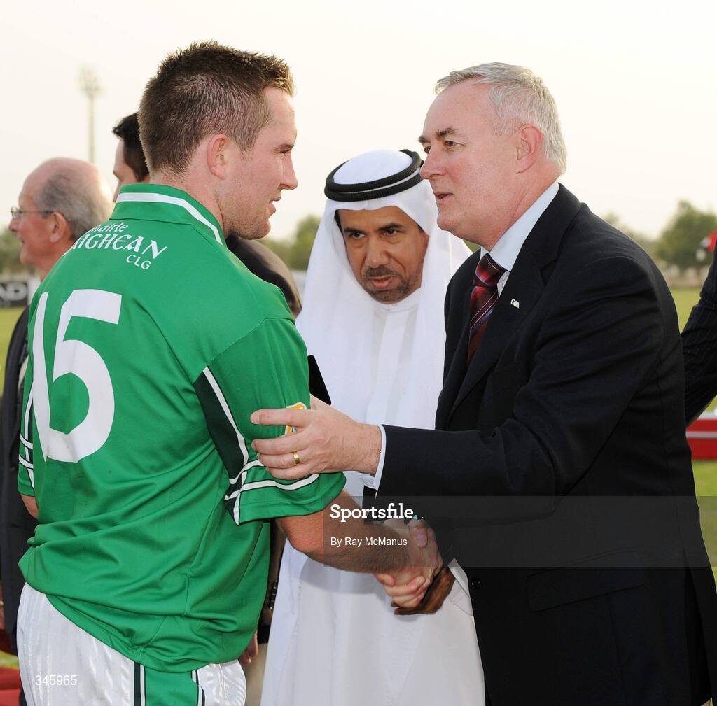 14 March 2009; Eddie Brennan, Leinster, is congratulated after the game by GAA President-Elect Chirsty Cooney. M Donnelly Interprovincial Hurling Final presented by Etihad Airways, Leinster v Connacht, Ghantoot Racing and Polo Club, Abu Dhabi, United Arab Emirates. Picture credit: Ray McManus / SPORTSFILE
