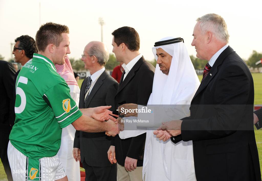 14 March 2009; His Excellency Saeed Bin Hofan Al Mansouri presents Eddie Brennan, Leinster, with his medal after the game in the company of GAA President-Elect Chirsty Cooney. M Donnelly Interprovincial Hurling Final presented by Etihad Airways, Leinster v Connacht, Ghantoot Racing and Polo Club, Abu Dhabi, United Arab Emirates. Picture credit: Ray McManus / SPORTSFILE