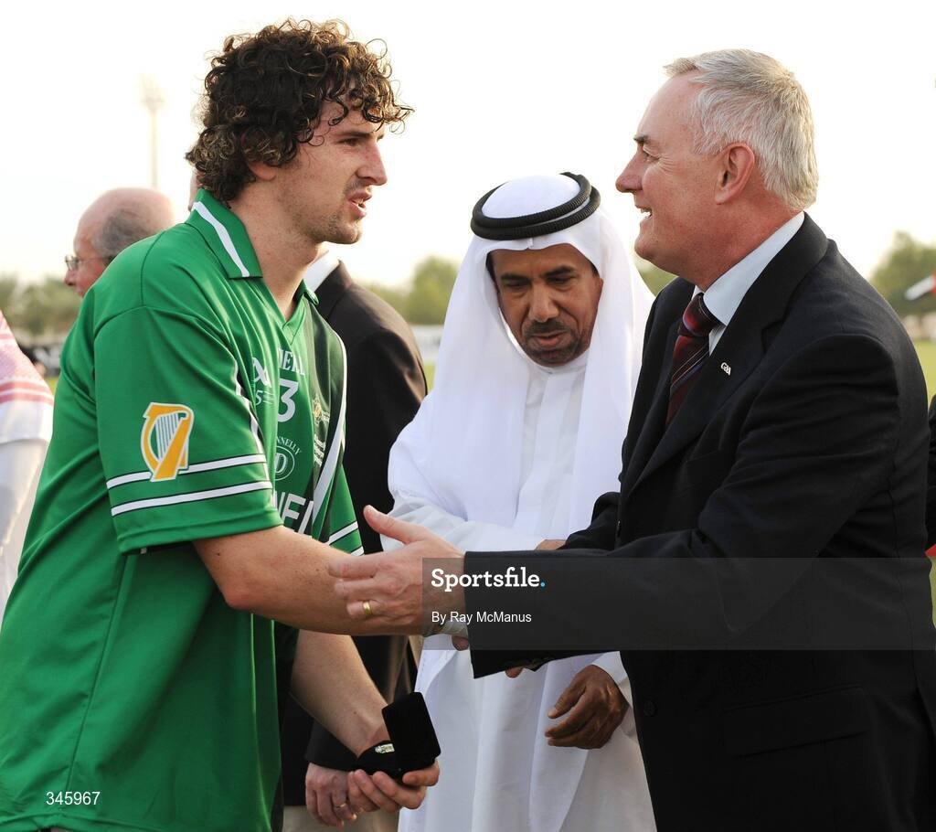 14 March 2009; David Kenny, Leinster, is congratulated after the game by GAA President-Elect Chirsty Cooney. M Donnelly Interprovincial Hurling Final presented by Etihad Airways, Leinster v Connacht, Ghantoot Racing and Polo Club, Abu Dhabi, United Arab Emirates. Picture credit: Ray McManus / SPORTSFILE