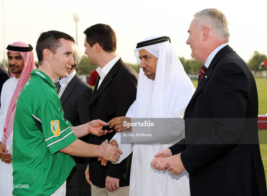 14 March 2009; His Excellency Saeed Bin Hofan Al Mansouri presents David Franks, Leinster, with his medal after the game in the company of GAA President-Elect Chirsty Cooney. M Donnelly Interprovincial Hurling Final presented by Etihad Airways, Leinster v Connacht, Ghantoot Racing and Polo Club, Abu Dhabi, United Arab Emirates. Picture credit: Ray McManus / SPORTSFILE